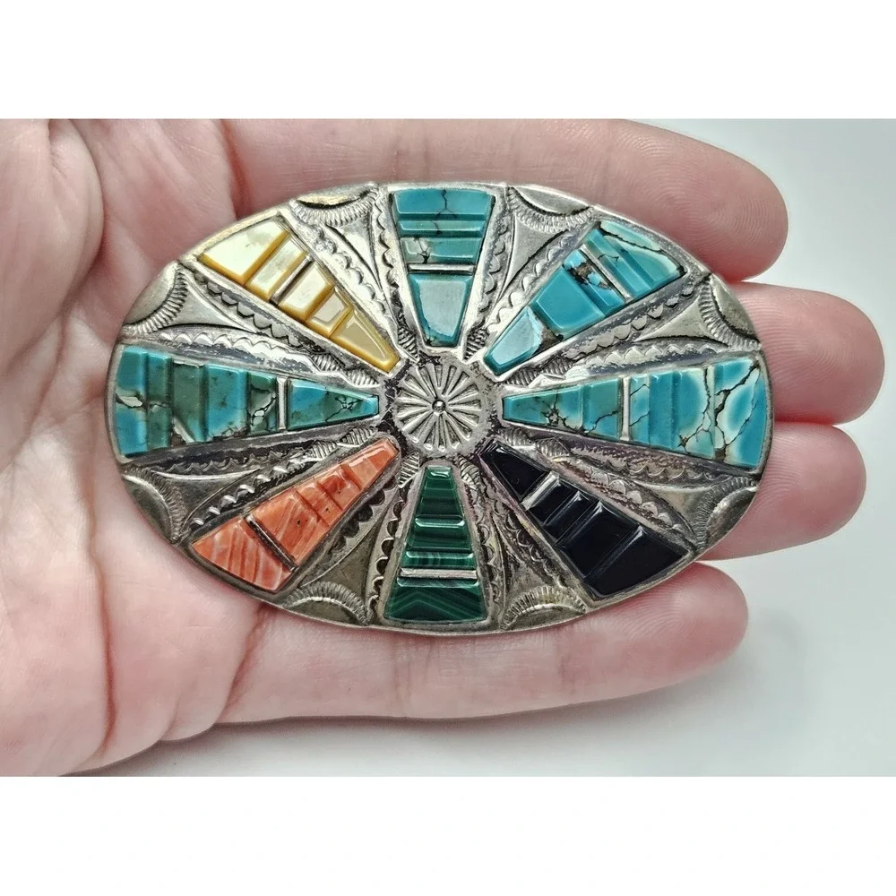 Danny Clark Sterling Silver Belt Buckle Navajo NA Turquoise Handmade Stamped 53g
